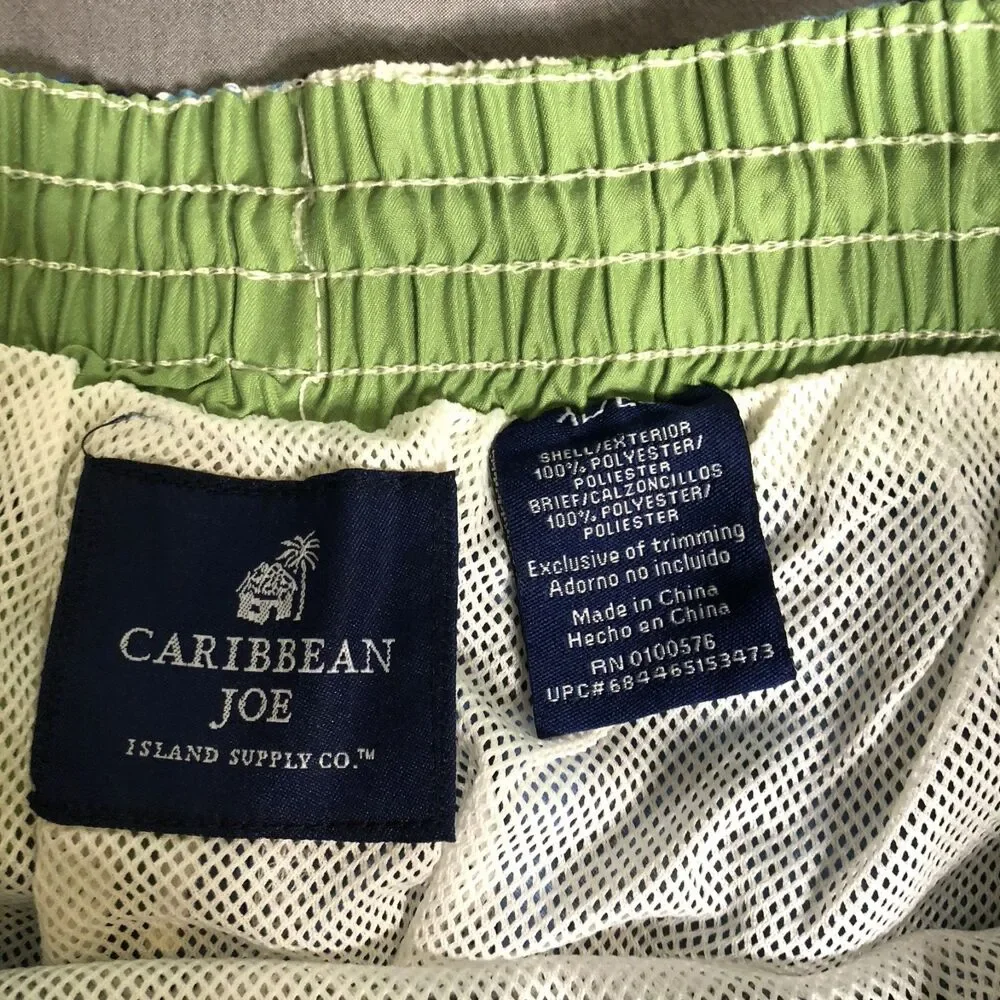 Caribbean Joe Swim Trunks Board Shorts Floral Hibiscus Blue Green Elastic XL